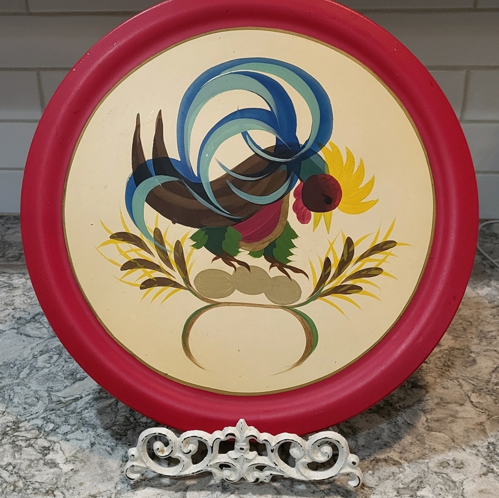 Vtg Hand Painted 16" Folk Art Wooden Plate Rooster Colorful Country Farmhouse